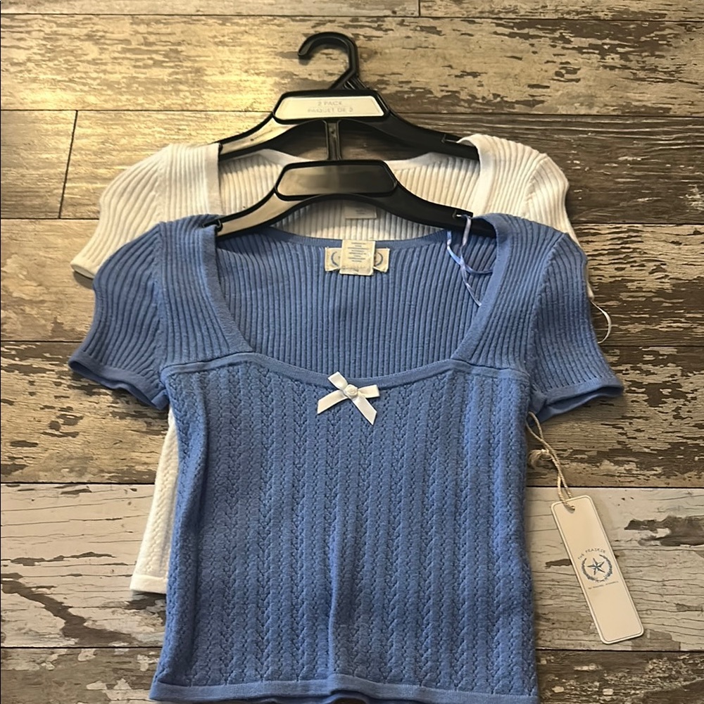 Blue and White Ribbed Knit Tops